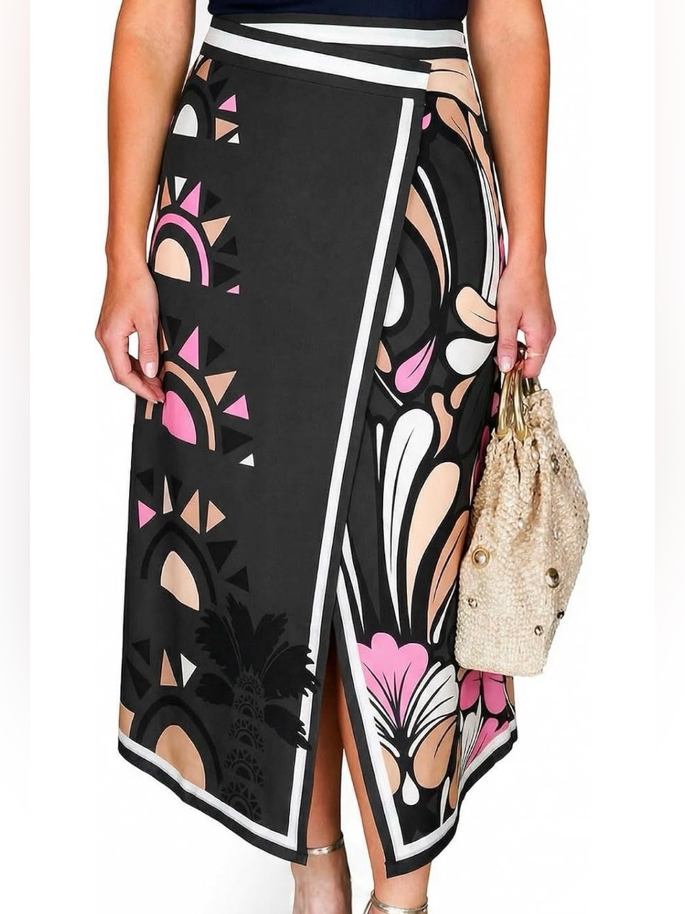 Brand New! Black Floral Wrap Midi Skirt with Front Slit - Picture 6 of 7